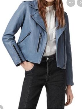All Saints Leather Biker Jacket in Dusty Blue